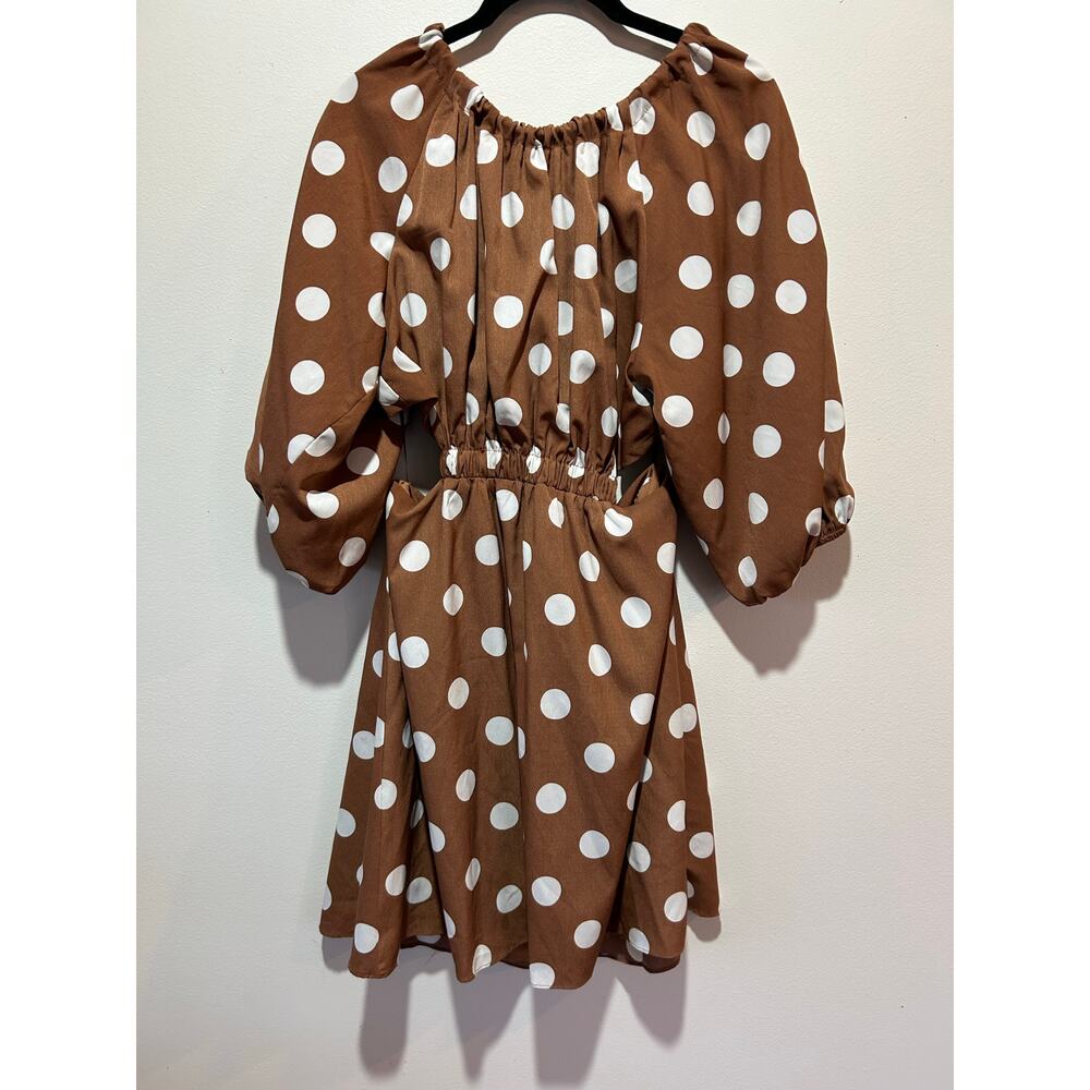 Dee Elly brown polka dot dress size M short cut outs puff sleeve lined